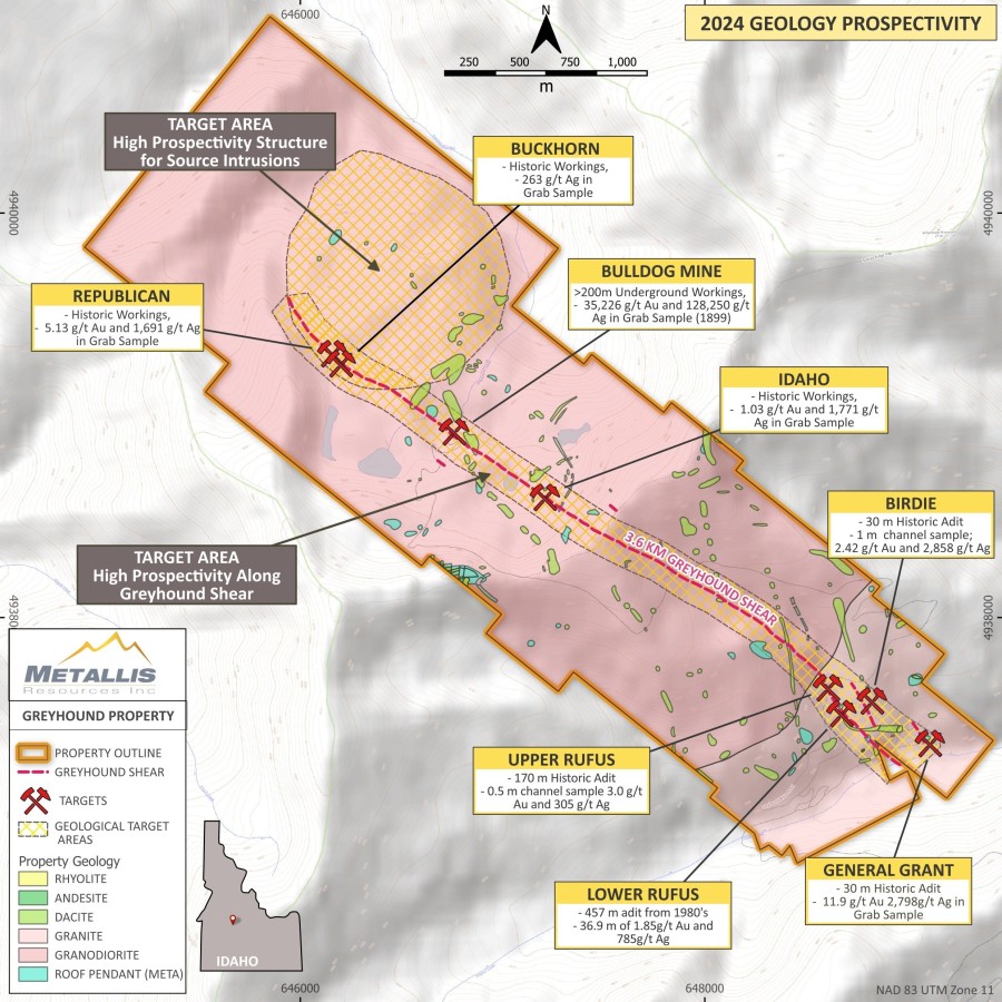 Geological Map of Greyhound Property and High Priority Target Areas (CNW Group/Metallis Resources Inc.)