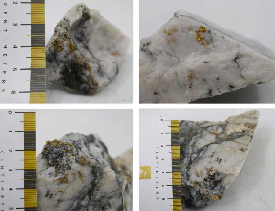Figure 1. Photos of mineralization from KM-24-01-64 - ^Note that these photos are not intended to be representative of gold mineralization in KM-24-01-64 (CNW Group/New Found Gold Corp.)