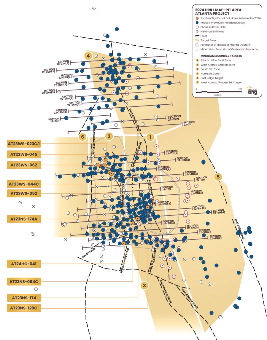 Figure 1. Areal distribution of holes reported to date by Nevada King within and around the 2020 Gustavson resource zone showing progression of drilling by phase. The top ten holes released in 2024 are highlighted. (CNW Group/Nevada King Gold Corp.)