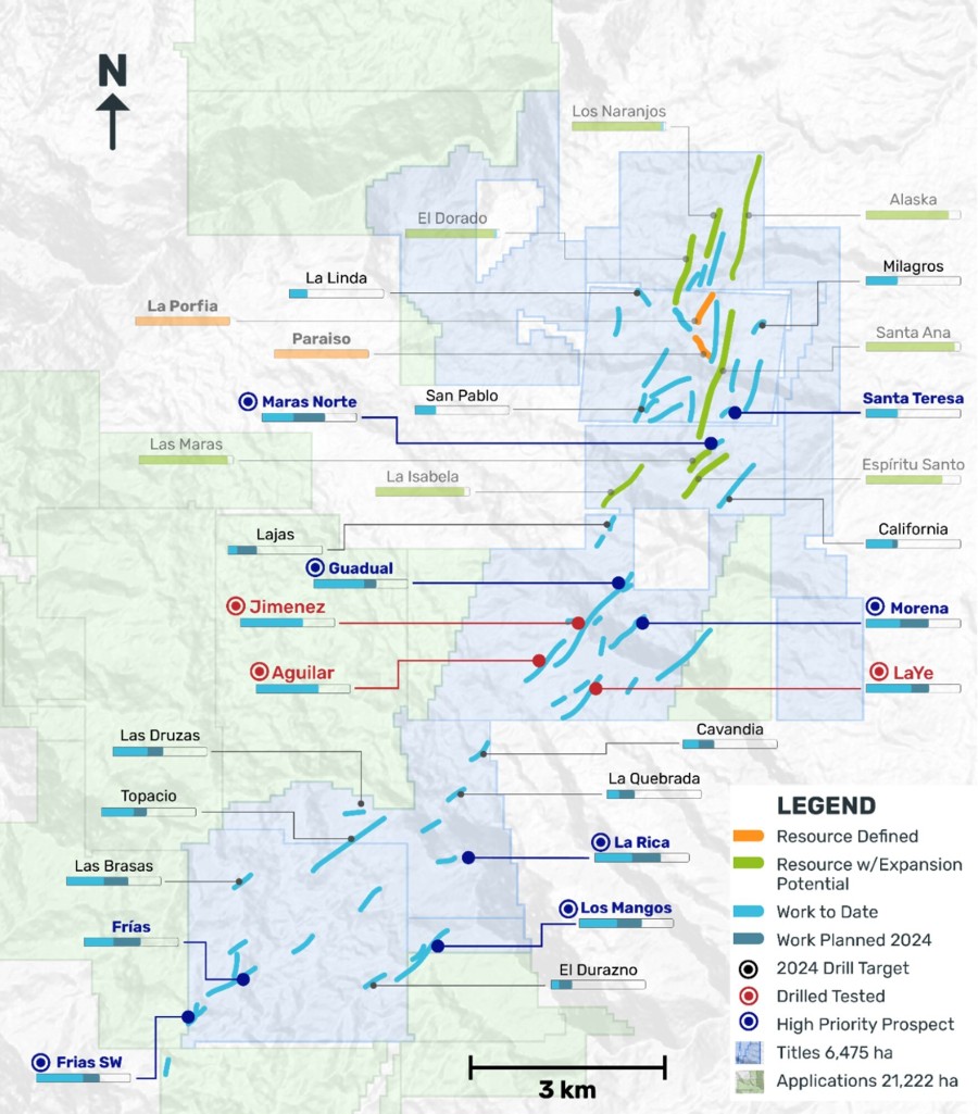 Figure 1. General exploration strategy, including the exploration pipeline and Mineral 
Resource veins. Targets in red are those confirmed through drilling. Targets in blue represent those to be confirmed through drilling as a priority. (CNW Group/Outcrop Silver & Gold Corporation)