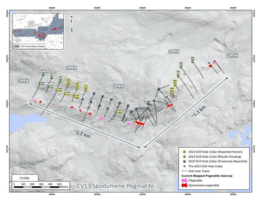 Figure 1: Drill holes completed through 2023 at CV13 Spodumene Pegmatite. (CNW Group/Patriot Battery Metals Inc)