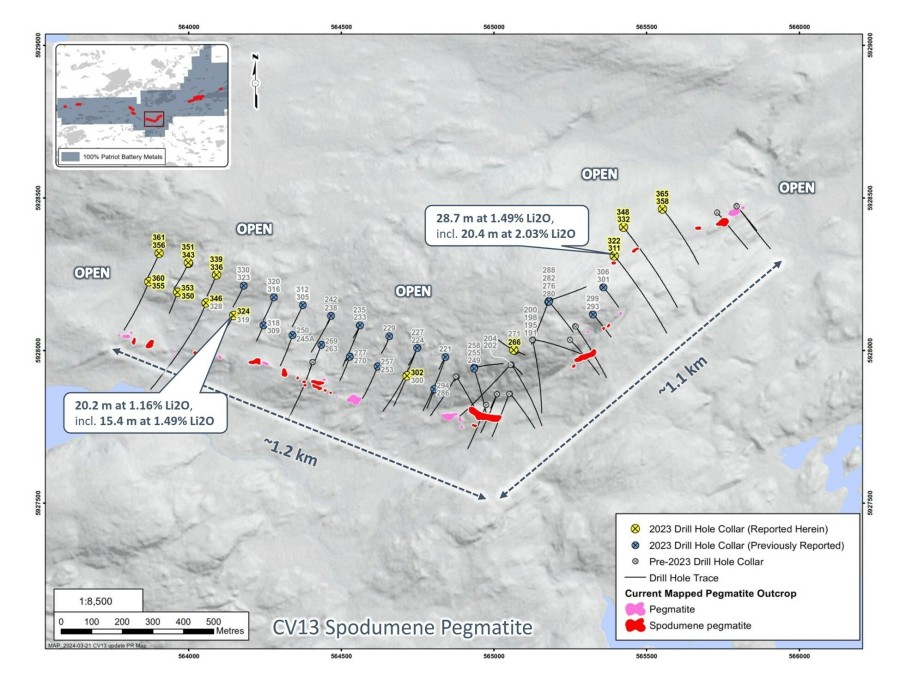 Figure 1: Drill holes completed at the CV13 Spodumene Pegmatite through 2023. (CNW Group/Patriot Battery Metals Inc)