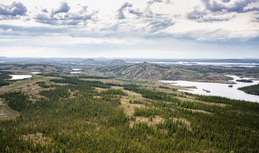 Photo looking north-west of CV5 showing the three mountains/hills – the basis of the word Shaakichiuwaanaan. (CNW Group/Patriot Battery Metals Inc.)