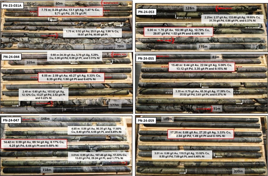 Figure 1: Core pictures showing the relation between observed massive chalcopyrite and grade, and the relative visual amount of massive chalcopyrite (MCp) observed in some the best intersections to date. (CNW Group/Power Nickel Inc.)