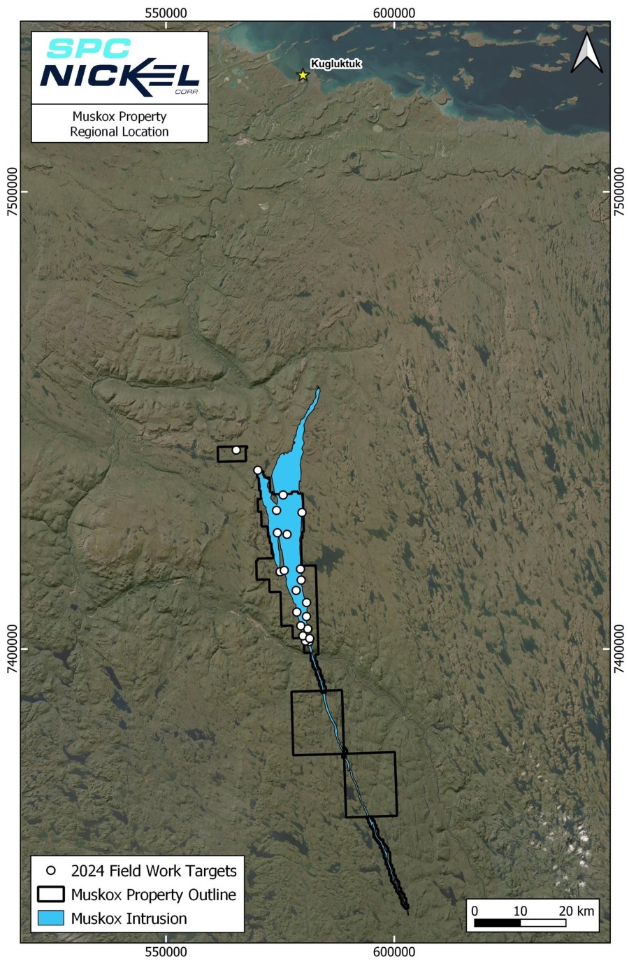 Figure 1: Regional satellite view of the Muskox Project area showing the location of Kugluktuk as well as the 2024 field work targets. (CNW Group/SPC Nickel Corp.)