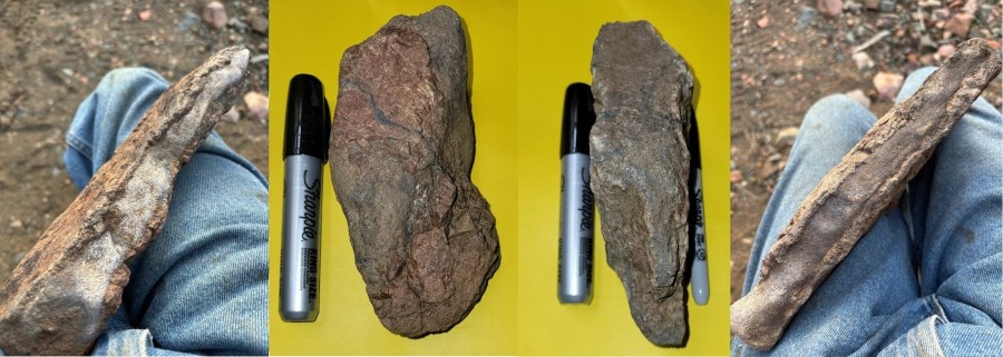 Figure 1.  From left to right: 5 lb silver fragment with quartz walls, 4.7 lb silver fragment  (70% native silver) with dark gray coating of cerargyrite and a patch of hematized quartz, 3.4 lb silver fragment (45% native silver) with hematized quartz matrix and white quartz walls, 6.2 lb silver vein fragment with white quartz walls.  See Figure 2 for location.  Estimated silver contents are based on specific gravity calculations. (PRNewsfoto/Silver One Resources Inc.)