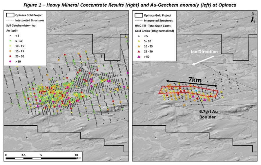Figure 1 - Heavy Mineral Concentrate Results (right) and AU-Geochem anomaly (left) at Opinaca (CNW Group/Targa Exploration Corp.)