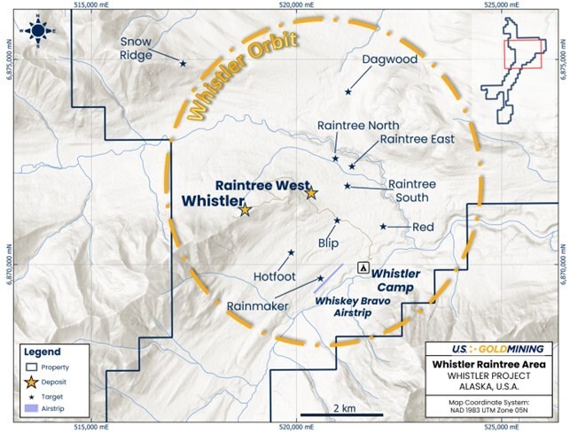 Figure 1: The Whistler-Raintree area, also referred to as the ‘Whistler Orbit’, in the northern part of the Project (see inset map top right) which comprises 53,700 acres contiguous State of Alaska mining claims. Large gold-colored stars indicate the location of existing mineral resource estimates: the Whistler and Raintree West deposits. The smaller black stars indicate prospective porphyry gold-copper exploration targets. (CNW Group/U.S. GoldMining Inc.)