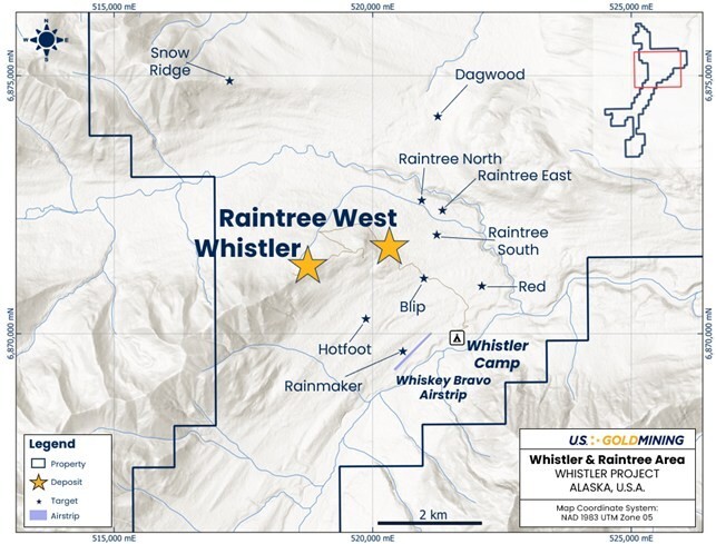 Figure 1 Location map of the northern Whistler Project highlighting the Whistler and Raintree deposits. (CNW Group/U.S. GoldMining Inc.)