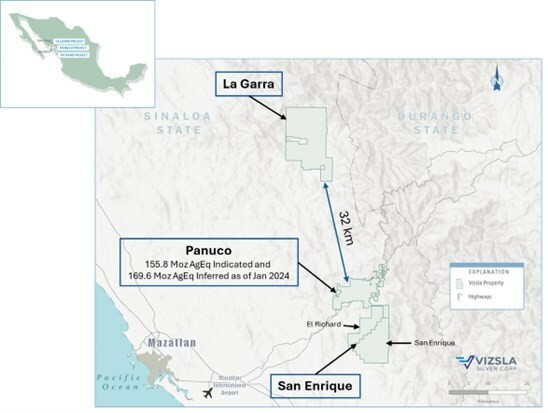 Figure 1: Location map of the San Enrique Prospect, Panuco Project and La Garra. See Company news release dated January 8, 2024 on “Updated Mineral Resource Estimate” for the Panuco project. (CNW Group/Vizsla Silver Corp.)