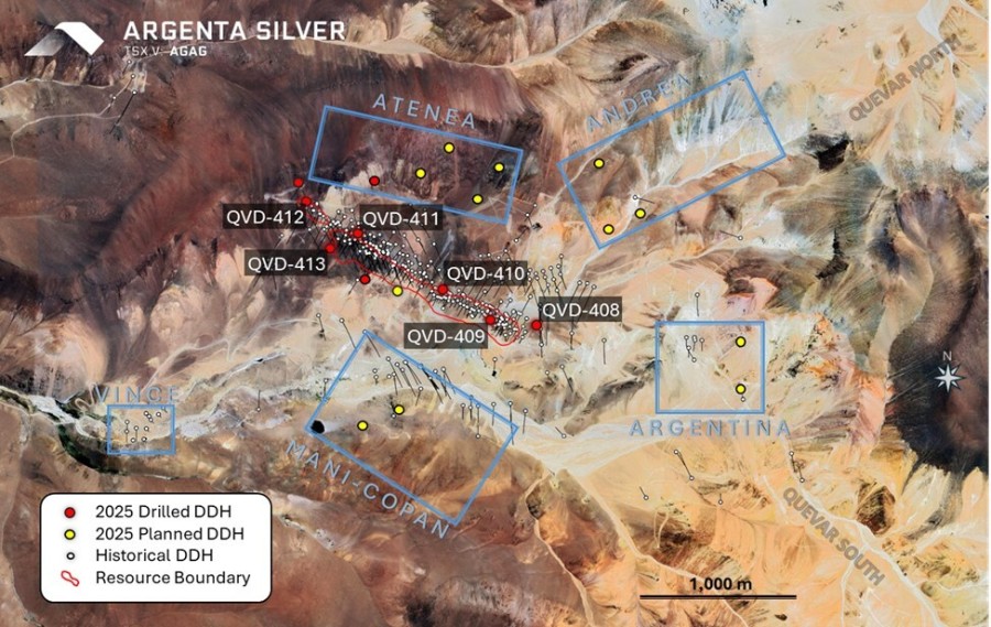 Figure 01: Map showing the location of collars, drilled holes, and planned drillholes for the 2025 drill program. (CNW Group/Argenta Silver Corp.)