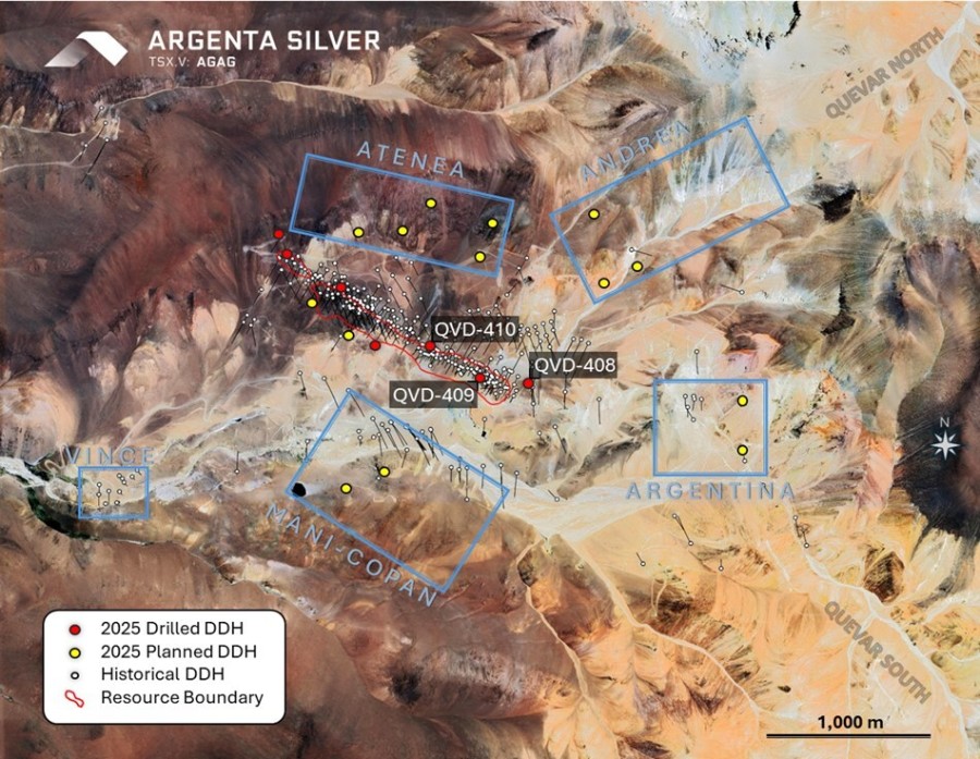 Map showing the location of collars QVD-408, QVD-409 and QVD-410 and planned drillholes of the 2025 drill program. (CNW Group/Argenta Silver Corp.)