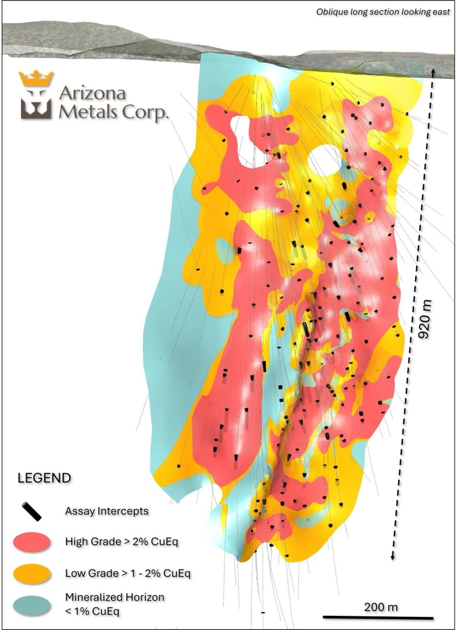 Figure 1. Oblique section looking northeast, showing the MRE and average grade shells of >2% CuEq (orange) and 1-2% CuEq (yellow). See Tables 1 and 2 for constituent metals, contained metals, and cutoff-grade sensitivity. (CNW Group/Arizona Metals Corp.)
