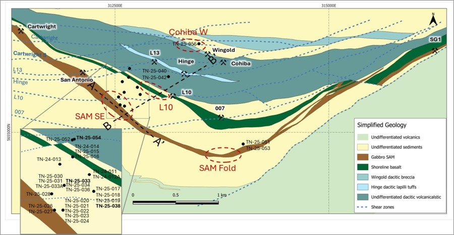 Figure 1: True North: Geology and Targets with Drill Hole Location Map (CNW Group/1911 Gold Corporation)