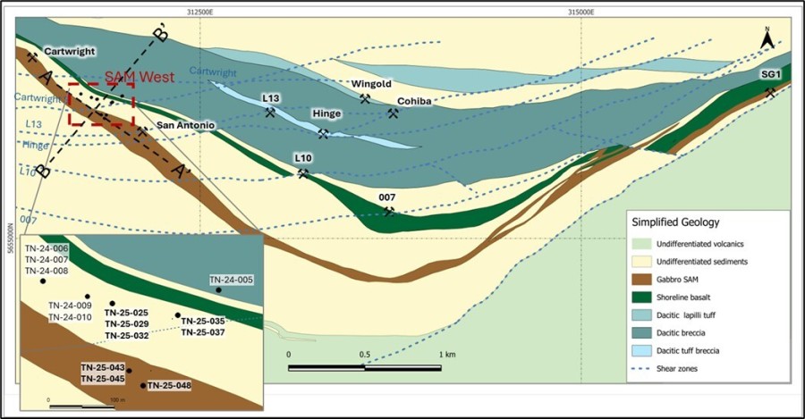 Figure 1: True North: Geology and SAM West Drill Hole Location Map. (CNW Group/1911 Gold Corporation)
