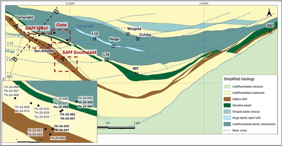Figure 1: True North: Geology and SAM West and Gate Drill Hole Location Map (CNW Group/1911 Gold Corporation)
