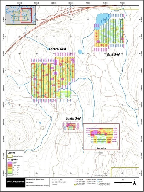 Map 1: Soil geochemistry results for gold (Au in ppb FA) across the King Project, conducted by Barranco Gold Mining Corp. The map highlights the “Central Grid,” “East Grid,” and “South Grid” sampling areas. Zones with elevated gold concentrations (shown in red/pink). (CNW Group/Barranco Gold Mining Corp)
