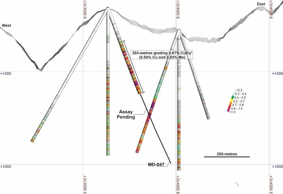 Figure 2. Cross-section along the hole MD-047 with a projection influence of 25m. *Copper equivalent (CuEq) for drill hole interceptions is calculated as: CuEq (%) = Cu (%) + 4.2 × Mo (%), utilizing metal prices of Cu - US$4.00/lb and Mo - US$20.00/lb and metal recoveries of 90% Cu and 75% Mo. Grades are uncut. Mineralized zones at Mocoa are bulk porphyry-style zones and drilled widths are interpreted to be very close to true widths. (CNW Group/COPPER GIANT RESOURCES CORP.)