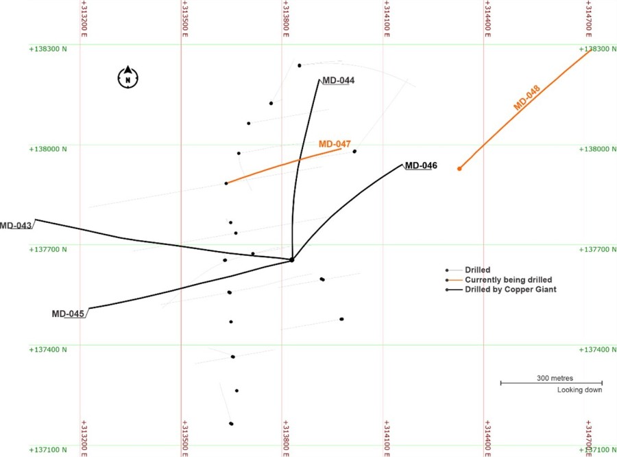 Figure 1. Plan view of hole MD-048 and MD-048. *Coordinates are UTM system, zone 18N and WGS84 projection. (CNW Group/COPPER GIANT RESOURCES CORP.)