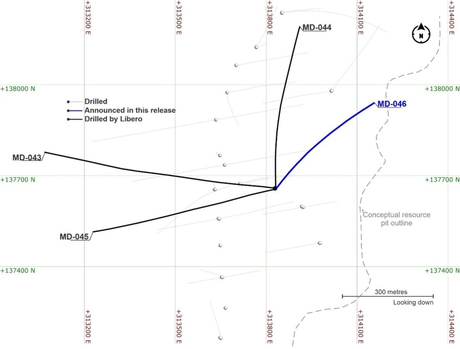 Figure 1. Plan view of hole MD-046 with a projection influence of 50m. *Coordinates are UTM system, zone 18N and WGS84 projection. (CNW Group/Copper Giant Resources Corp.)