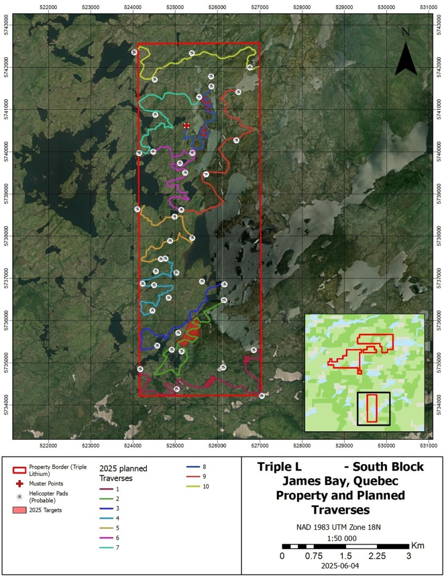 Figure 1 : Triple L - South Block – 2025 Field Program – Planned Traverses (CNW Group/Comet Lithium Corporation)