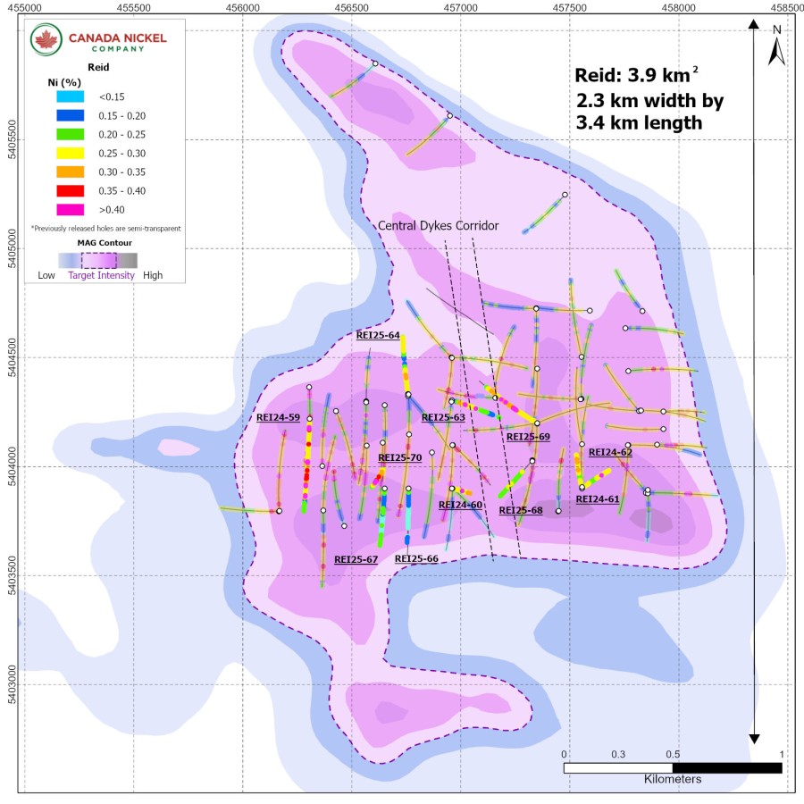 Figure 1 – Reid – CNC Drillholes Over Total Magnetic Intensity (CNW Group/Canada Nickel Company Inc.)