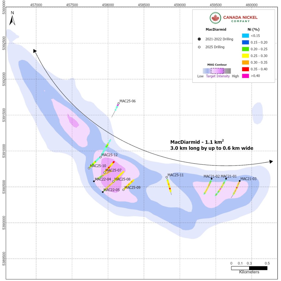 Figure 1. – MacDiarmid – CNC Drillholes Over Total Magnetic Intensity (CNW Group/Canada Nickel Company Inc.)