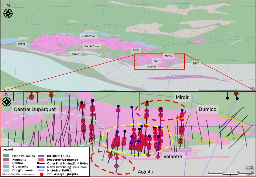 Figure 1: Regional Duparquet map (plan view) of the “CVD” area showing select drill holes from the Phase 3 program at the Central Duparquet, Valentre, Dumico, Aiguille, and Miroir targets. (CNW Group/First Mining Gold Corp.)