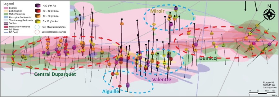 Figure 1: Plan view of the CVD, Aiguille, and Miroir target areas. (CNW Group/First Mining Gold Corp.)