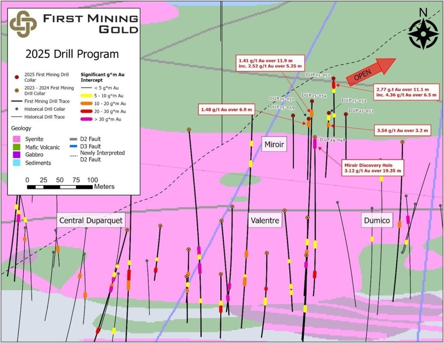Figure 1: Plan view map, highlighting the Miroir target area and multiple significant near surface assay results. (CNW Group/First Mining Gold Corp.)