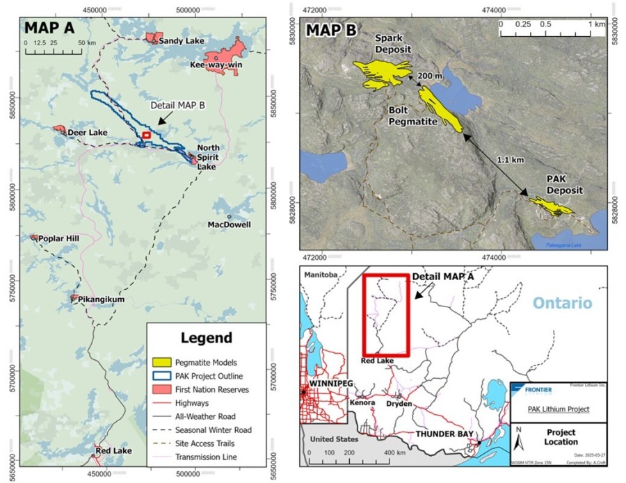 Figure 1: Map Showing a Plan View of the Resource Models For PAK, Spark and Bolt Deposits. (CNW Group/Frontier Lithium Inc.)