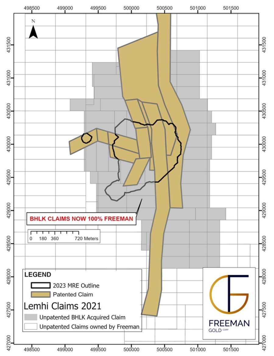 Figure 1: Map showing the newly acquired BHLK claims, existing unpatented claims, patented claims, and area encompassed by 2023 Mineral Resource Estimate. (CNW Group/Freeman Gold Corp.)