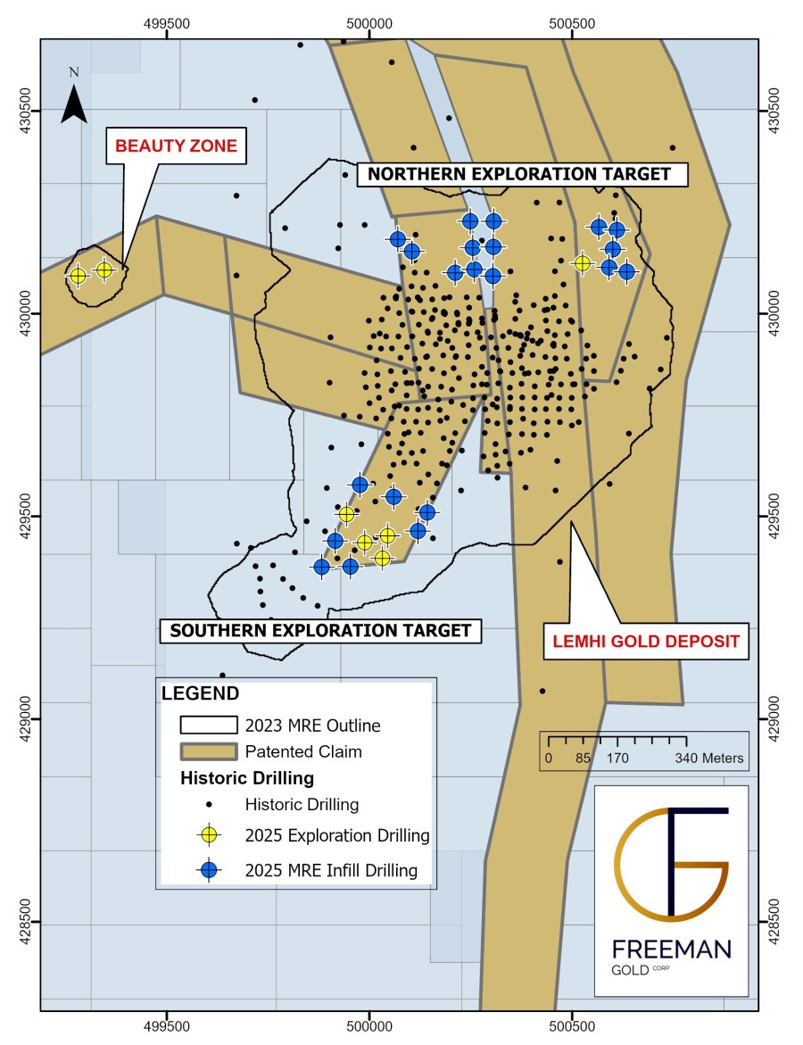 Figure 1: Map of Lemhi showing infill and exploration holes of the 2025 drill program. Note that the majority of the 2023 MRE and Beauty Zone lie within patented claims. (CNW Group/Freeman Gold Corp.)