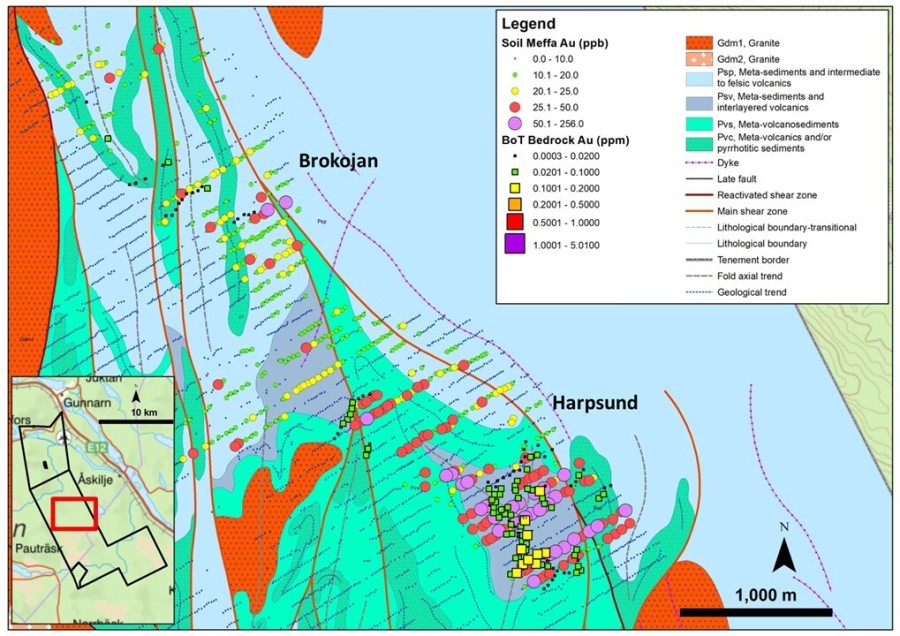 Figure 1: Harpsund/Brokojan target area showing results from the 2025 gold-in-till analysis and ToB/BoT drilling. (CNW Group/First Nordic Metals Corp.)