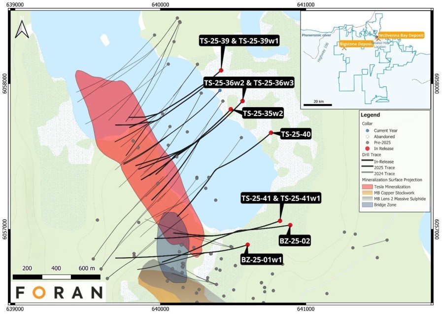 Figure 1 – Plan view of the Tesla and Bridge zones with the location of drill holes presented in this release, along with the surface projections of the interpreted Tesla Zone, McIlvenna Bay and Bridge Zone lenses. (CNW Group/Foran Mining Corporation)