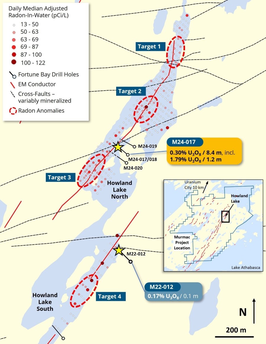 Figure 1: Howland Lake radon-in-water results and drill targets. (CNW Group/Fortune Bay Corp.)