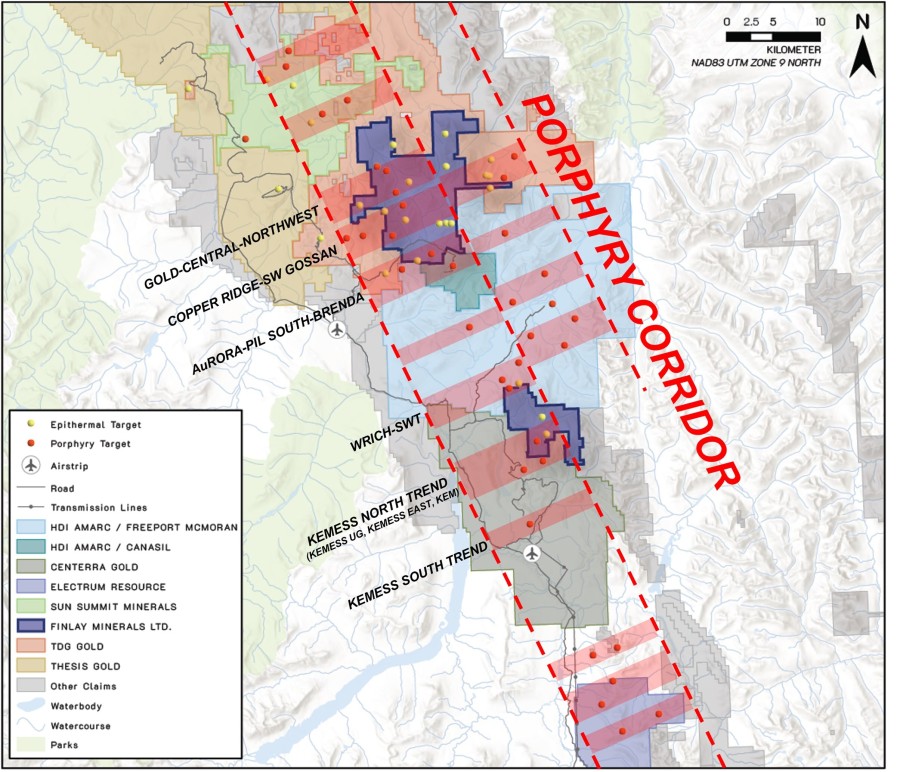 Figure 1.   Toodoggone Porphyry Corridor highlighting northeast-southwest extensional trends that host significant porphyry and epithermal deposits, resources and targets within the region. (CNW Group/Finlay Minerals Ltd.)