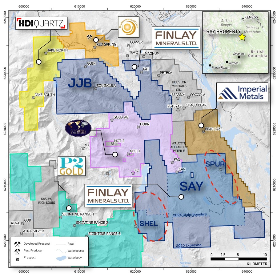 Figure 1. New JJB Property location and expanded SAY Property boundary. (CNW Group/Finlay Minerals Ltd.)