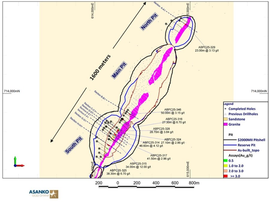 Figure 1: Plan map showing 2025 drill traces and highlighted intercepts from 2025 drilling at the Abore deposit. (CNW Group/Galiano Gold Inc.)