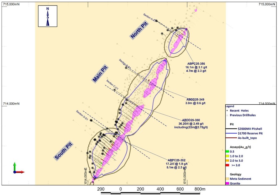 Figure 1: Abore plan map showing current drilling locations and highlighted intercepts (CNW Group/Galiano Gold Inc.)