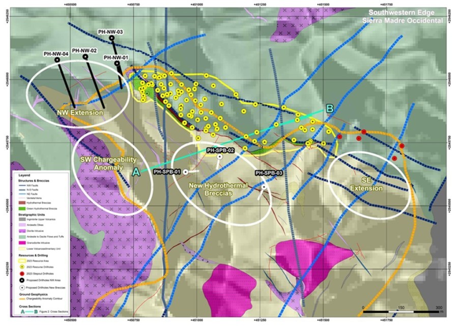 Figure 1 – Location of the NW and SE Extension Zones, as well as drilled and planned drill collars (CNW Group/GR Silver Mining Ltd.)