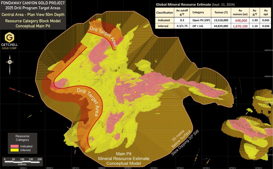Figure 1: Fondaway Canyon 2025 Drill Target Areas - Main Pit Plan View - MRE 50m depth slice (CNW Group/Getchell Gold Corp.)