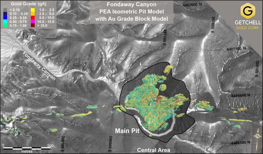Figure 1: Central Area Main Pit - Final Pit Limit showing gold grade block model (CNW Group/Getchell Gold Corp.)