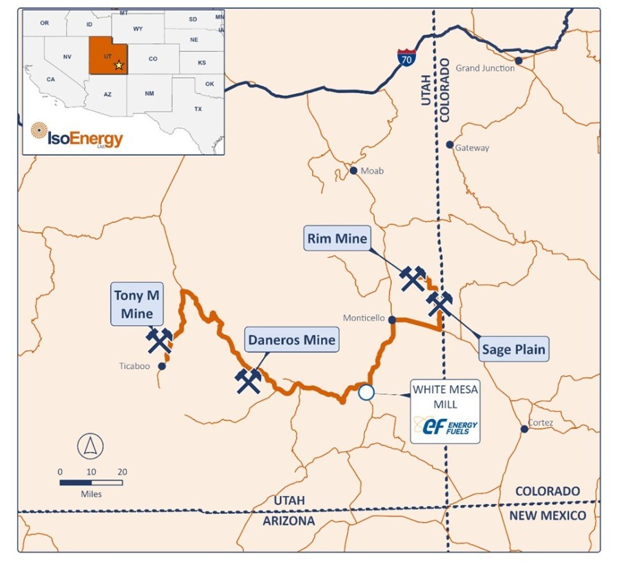 Figure 1: Location of IsoEnergy’s three past-producing mines in Utah, strategically positioned near the fully operational White Mesa Mill, where IsoEnergy holds a toll milling agreement with Energy Fuels. White Mesa is the only fully licensed and operating conventional uranium mill in the United States, with a licensed capacity of over 8 million pounds of U₃O₈ per year, playing a vital role in the U.S. nuclear fuel supply chain. (CNW Group/IsoEnergy Ltd.)