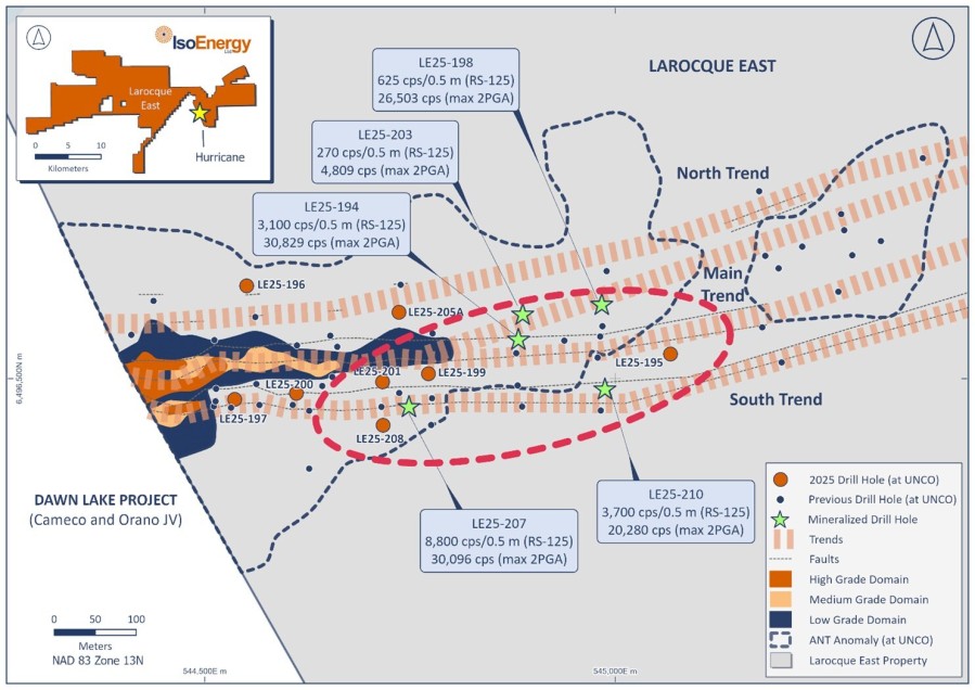 Figure 1– Location of winter 2025 drill holes with respect to the Hurricane resource footprint (blue) and the ANT seismic low velocity zone in which the Deposit occurs, and projected Hurricane mineralization-controlling fault zones. RS-125 values are highest averages over 0.5 metre intervals. (CNW Group/IsoEnergy Ltd.)