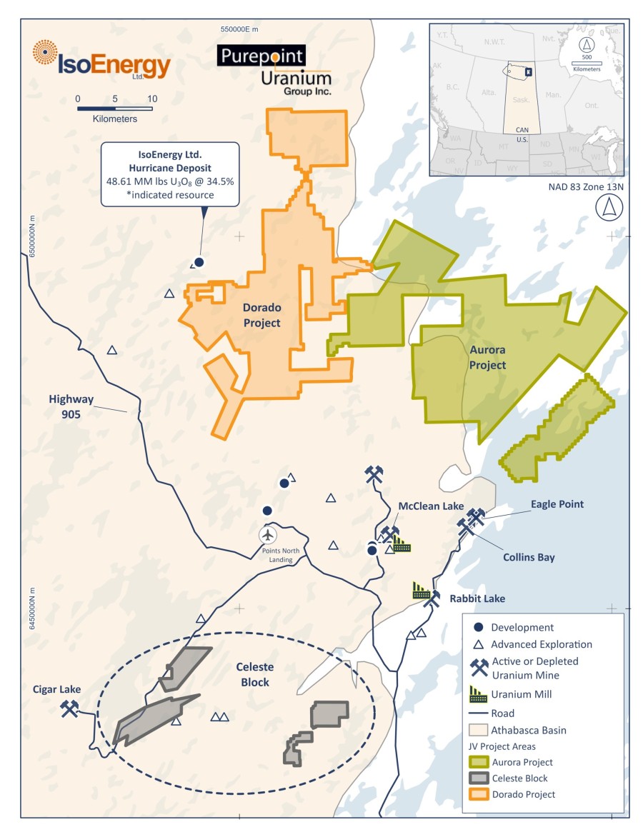 Figure 1: IsoEnergy and Purepoint Uranium Joint Venture including, Dorado Project, Aurora Project and Celeste Block. * See Qualified Person Statement below. (CNW Group/IsoEnergy Ltd.)