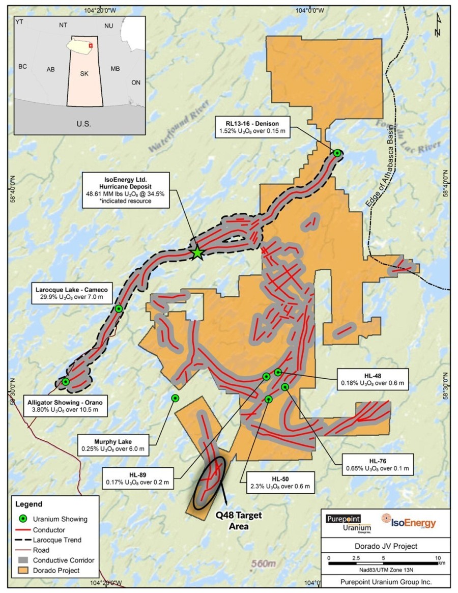 Figure 1: Location of the Larocque Trend, host to the high-grade Hurricane deposit and multiple high-grade uranium occurrences within the newly formed Project. The Q48 Target Area, priority focus for the 2025 drill program is highlighted. * See Qualified Person Statement below. (CNW Group/IsoEnergy Ltd.)