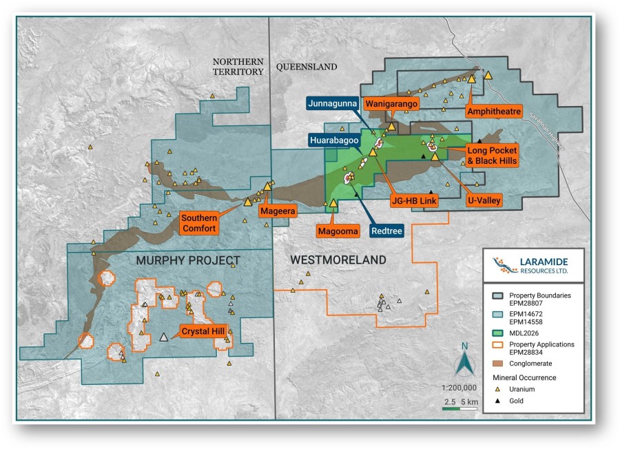 Figure 1: Westmoreland Project Map showing uranium prospects and deposits (CNW Group/Laramide Resources Ltd.)