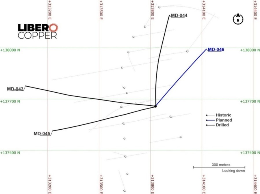 Figure 1 - Plan view of the holes MD-043, MD-044, and MD-045 and planned hole MD-046 with the location of the previous drilling at the Mocoa project. (CNW Group/Libero Copper & Gold Corporation)