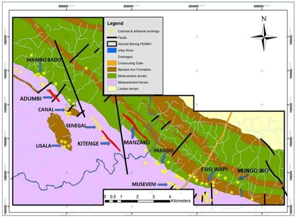 Figure 1- Imbo Concession Geology with Deposits and Prospects (CNW Group/Loncor Gold Inc.)